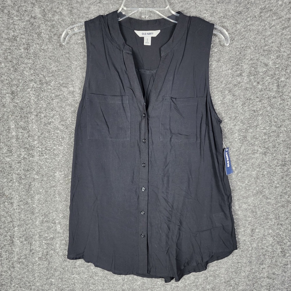 Old Navy Top Womens M Sleeveless Button Down Black Split Neck Pocket NEW